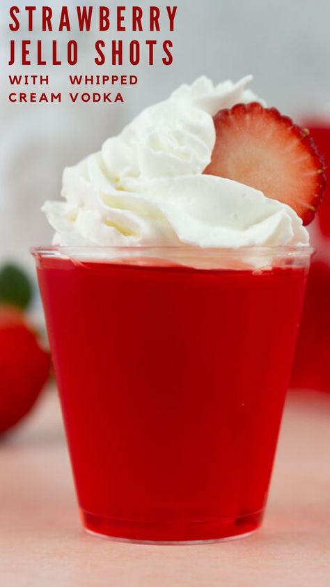 strawberry whipped cream vodka jello shots recipe Jello Shots With Strawberry Jello, Whipped Cream Vodka Jello Shots, Strawberry Jello Shots Vodka, Strawberry Jell-o Shots, Red Jell-o Shots, Jello Shots Strawberry, Red Jello Shots, Glow Bingo, Strawberry Daiquiri Jello Shots