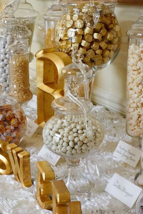 Sweets Table Wedding, 50th Wedding Anniversary Decorations, Gatsby Party Decorations, Golden Birthday Parties, 50th Wedding Anniversary Party, Wedding Anniversary Decorations, Gold Candy, 50th Anniversary Party, 60 Wedding Anniversary