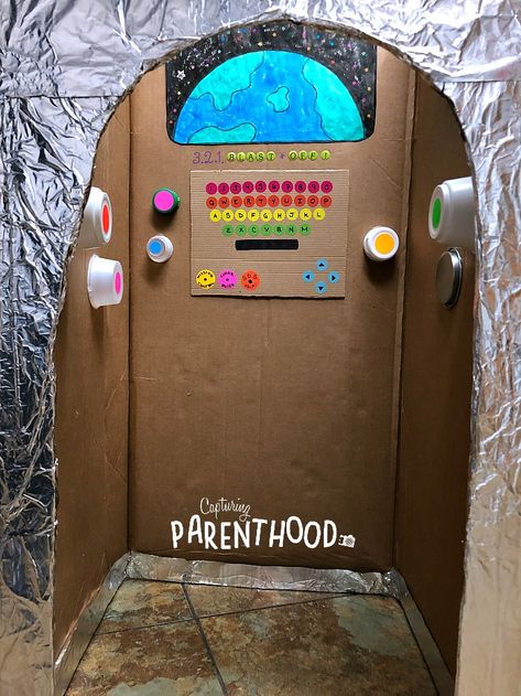 Cardboard Rocket Ship - Interior! Rocket Out Of Cardboard, Space Rocket Diy Cardboard Boxes, Cardboard Box Spaceship Diy, Astronaut Box Craft, Spaceship Box Cardboard, Rocket Ship Box Diy, Diy Rocket Ship Cardboard Space Party, Rocket Ship Out Of Boxes, Rocket Ship Dramatic Play Outer Space