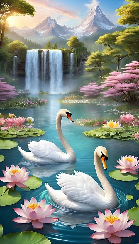 Beautiful Waterfalls Painting, Water Fall Images, Vastu Wallpaper For Phone, Waterfall Wallpaper Hd, Summer Landscape Wallpaper, Best Wallpapers Hd Wallpaper, Water Lotus Flower, Swans Painting, Swan Images