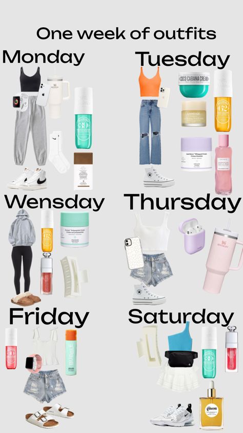 Outfits for the week Outfits For The Week, Weekly Outfits, Thursday Friday, Cute Preppy Outfits, Monday Tuesday, Day Outfit, Preppy Outfits, Outfit Of The Day, Bubbles