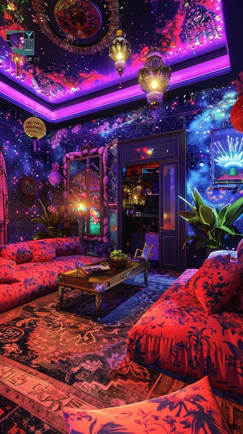 Trippy Interior Design, Alternative Interior Design, Psychadelic Room Aesthetic, Rave Room, Maximalism Living Room, Rich Apartment, Magical Room, Space Living Room, Chill Room