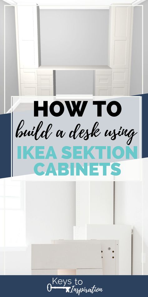 How to Build a Desk using IKEA SEKTION Cabinets {One Room Challenge Week 2} Ikea Office Desks, Built In Office Desk And Cabinets Ikea, Ikea Sektion Desk Hack, Diy Desk From Cabinets, Built In Desk And Shelves Ikea Hack, Sektion Cabinets Hack Office, Ikea Sektion Office, Ikea Built In Desk Hack Home Office, Built In Desk Hack