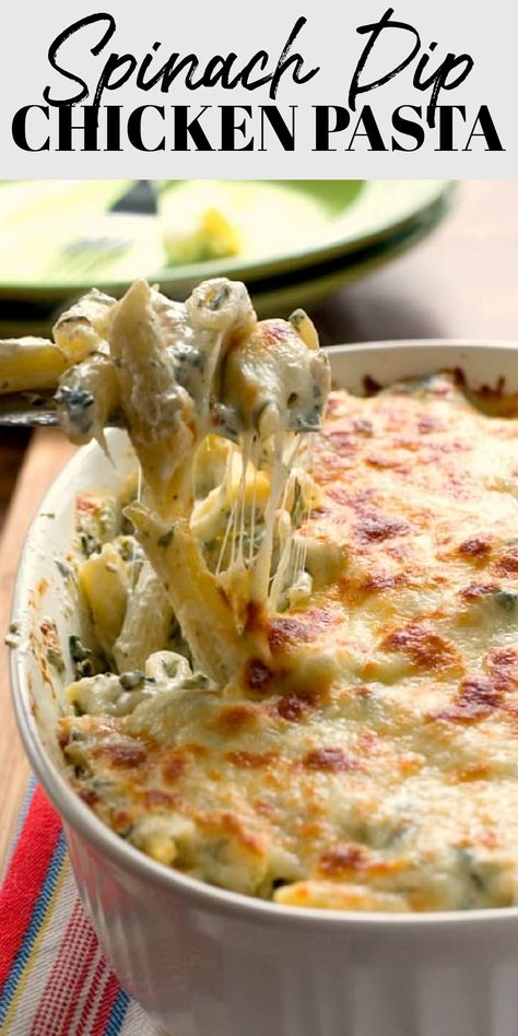 Spinach Dip Chicken Pasta in a baking dish. Spinach Dip Dinner Recipes, Spinach Dip Chicken Pasta, Recipes For Dinner With Spinach, Spinach Dip Chicken Casserole, Chicken And Spinach Dip, Spinach Pasta With Chicken, Cheesy Spinach Pasta, Spinach Dip Pasta Salad, Easy Dinner With Spinach