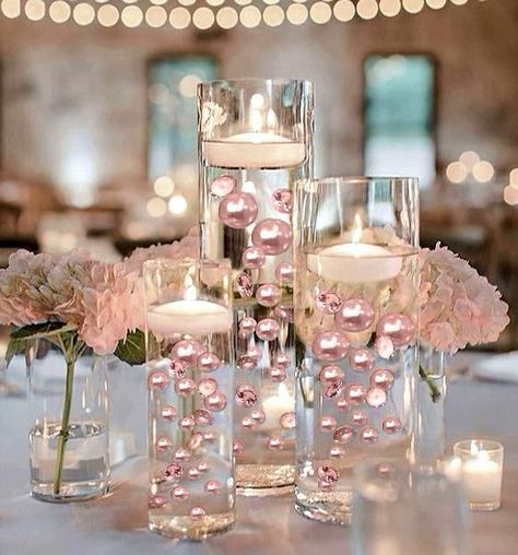 100 Floating Light Pink Blush Pearls with Matching Sparkling Gems-Jumbo Sizes-Fills 2 Gallons of Pearls/Gems & The Most Transparent Gels for Vases-with Exclusive Measured Floating Kit Pearl Vase Centerpiece, How To Make Floating Flowers, Pink And Silver Wedding Decorations, Floating Beads Centerpieces Water Pearls, Tall Floating Candle Centerpieces, Light Pink Wedding Decor, Floating Candle Wedding Decor, Pink Floral Centerpieces, Nike Birthday