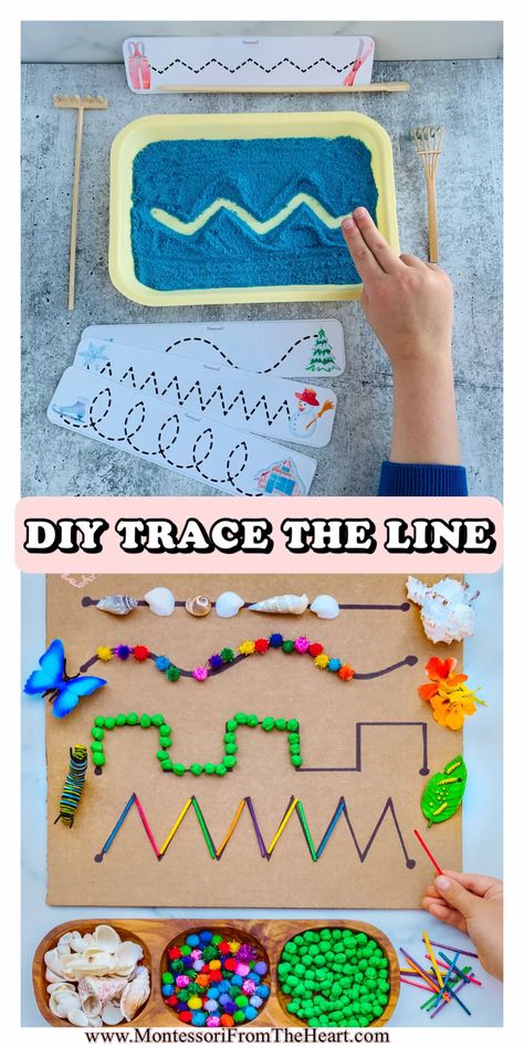 DYED SAND TRACING TRAY Hands-on Montessori prewriting activities | DYED SAND Montessori TRACING TRAY | Hands-on Montessori prewriting activities, such as DYED SAND TRACING TRAY, allow toddlers and preschoolers to practice fine motor control and develop pre-writing strokes. #montessoriathome #sensoryplay #finemotorskills #homeschool #montessori #homeschooling #preschool #preschoolteacher #preschoolactivities #preschooler #kindergarten #kindergartenteacher #learningthroughplay #kidsactivities Tracing Preschool Activities, Tracing Skills Preschool, Pre Class Activities, Hand Writing Activities Preschool, Montessori Pre Writing Activities, Strokes Activities For Preschool, Pre Writing Strokes Activities, Montessori Prewriting Activities, Pre Writing Activity For Preschool