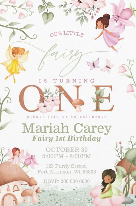 Magical Fairy 1st Birthday Party Invitations for Girls #PartyPicnic #PartyFavorites Fairy 1st Birthday Party, Fairy Garden Theme, Fairy Party Invitations, Fairy 1st Birthday, Fairy Theme Birthday Party, Rabbit Watercolor, Fairy Invitations, Fairytale Birthday, Fairy Theme Party