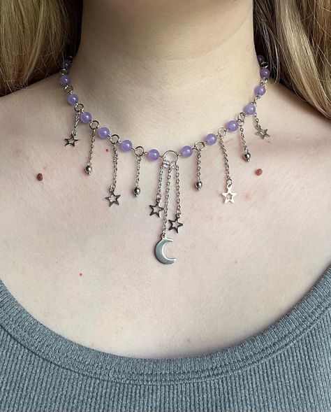 ‘Mystic’ Necklace 🌙 made with purple stone beads, stainless steel charms, and stainless steel findings 35cm + 7cm extension chain #jewelry #necklace #handmade #moon #stars #etsy Necklaces Inspo Beads, Purple Handmade Jewelry, Moon Beaded Necklace, Handmade Charm Necklace, Cute Necklaces Beads, Chain Necklace Outfit, Collares Aesthetic, Necklaces Aesthetic, Bead Star