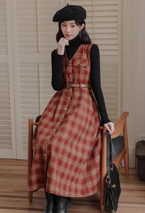 Button down plaid pinafore with faux chest pockets, side pockets and a belted waist. S: 33" chest, 26.5" waist, 45" lengthM: 34.5" chest, 28" waist, 45" lengthL: 36" chest, 29.5" waist, 45.5" lengthXL: 37.5" chest, 31" waist, 45.5" length Style For Older Women, Silly Outfits, Modern Dresses, Modest Fits, Pinafore Dress, Modern Dress, Fashion Korean, Overall Dress, Girly Outfits