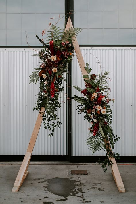 Burgundy Wedding Arch Flowers, Triangle Wedding Arch With Fabric, Triangle Wedding Arbor, Boho Industrial Wedding, Triangle Arbor, Planing Board, Wedding Triangle, Alter Decor, Dark Green Wedding