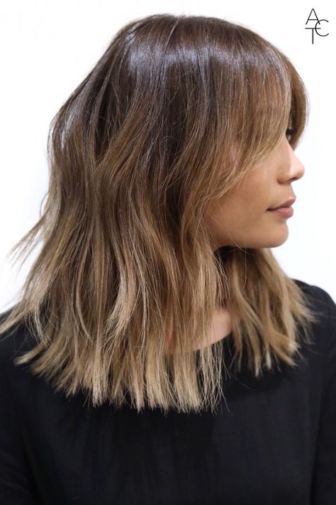 Mid Length Hair Ombre, Dark Blonde Balayage Mid Length, Mid Length Brown Balayage, Balayage Haircut Mid Length, Medium Length Hair With Balayage, Midi Haircut Mid Length, Balayage Hair Mid Length, Medium One Length Haircut, Ahn Co Tran Hair