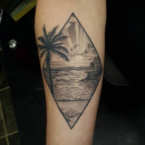 Sunset And Sea Tattoo, Beach Triangle Tattoo, Maldives Tattoo, Beach Scene Tattoo Design, Hawaii Tattoo Men, Sea Sunset Tattoo, Beach Tattoo Design, Beach Sunset Tattoo, Beach Scene Tattoo