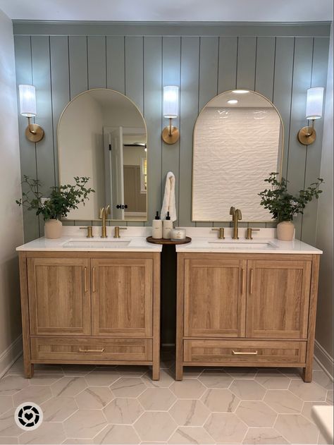 Bathroom Vanity Neutral, Bathroom Colors With Gold Fixtures, Putty Bathroom Vanity, Wood Bathroom Vanity With Gold Hardware, Wood Vanity Gold Fixtures, Bathroom Remodel Gold Hardware, Bathroom Flooring With Wood Vanity, Tan Vanity Bathroom Ideas, Light Brown Vanity Bathroom Ideas