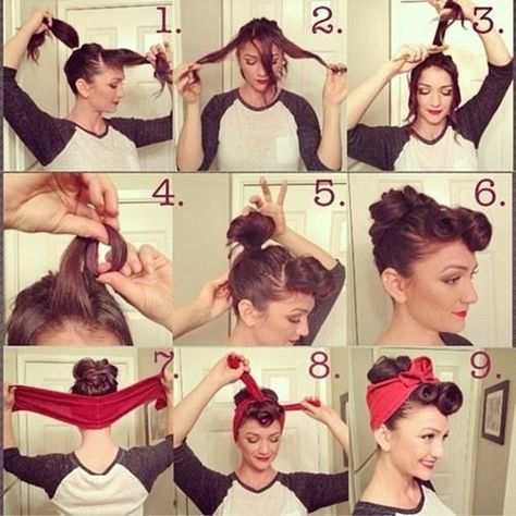 red-bandana-pinup-updo Cabelo Pin Up, 50s Hairstyles, Estilo Pin Up, Rockabilly Hair, Pin Curls, Pin Up Hair, Rockabilly Fashion, Short Haircut, Retro Hairstyles