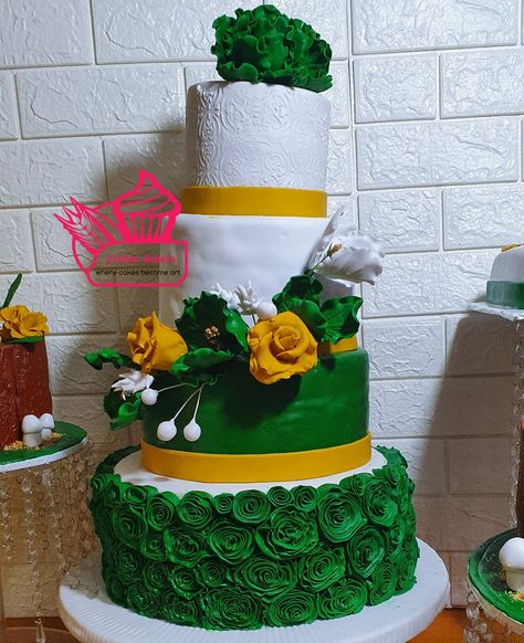 White , green and mustard yellow wedding with beautiful rossettes Emerald Green And Mustard Yellow Wedding Dresses, Emerald Green And Mustard Yellow Wedding, Emerald Green Wedding Cake, Wedding Cake Emerald Green, Mustard Yellow Wedding, Yellow Wedding Cake, Emerald Green Wedding, Yellow Wedding Dress, Green Wedding Cake