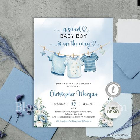 Boy Baby Shower Invitation Baby Clothes Invite A sweet baby boy is on the way Laundry Blue Greenery Editable Printable Download DIY Baby Shower Invitations Templates, Laundry Blue, Baby Shower Invitation Boy, Blue Baby Shower Invitations, Baby Shower Invitations Design, Baby Shower Theme Decorations, Winter Girl, Baby Shower Invitaciones, Blue Baby Shower