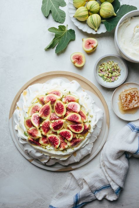 Fig Pavlova, Pavlova Photography, Raspberry Bread Pudding, Raspberry Bread, Pavlova Recipe, Orange Blossom Water, Cream Cheese Eggs, Creamed Honey, Fresh Figs