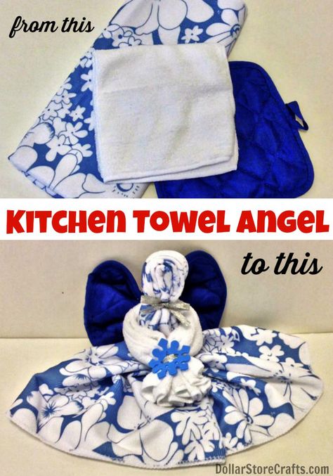 Kitchen Towel Angel, Dish Towel Crafts, Kitchen Towels Crafts, Washcloth Crafts, Towel Cakes, Towel Animals, Holiday Gift List, Towel Crafts, Angel Crafts