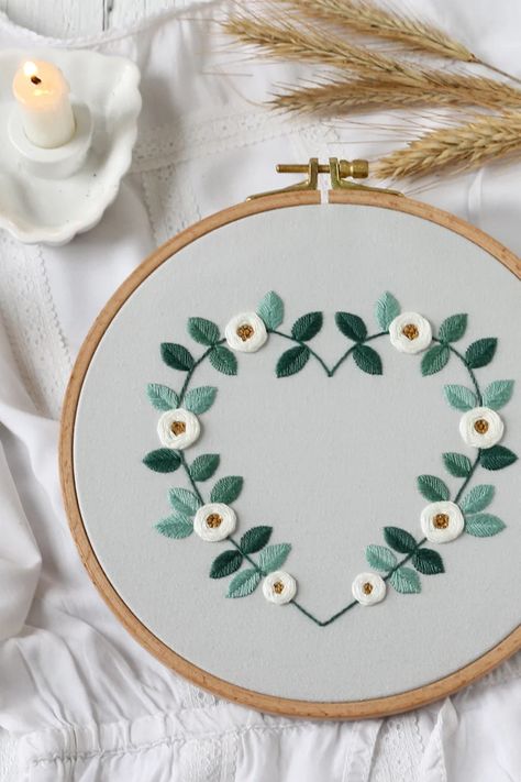 Wreath Heart Hand Embroidery Pattern Wedding Floral Border | Etsy Small Hand Embroidery Patterns, Portrait Embroidery Tutorial, Gift Embroidery Ideas, Hand Embroidery Patterns Flowers Drawings, Hand Embroidery Quotes, Wedding Embroidery Gifts, Embroidery Flower Wreath, Heart Embroidery Patterns, Embroidery Wedding Gifts