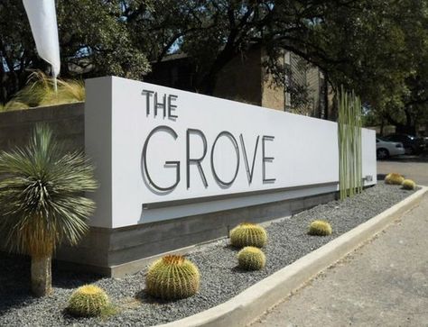 Apartment/Subdivision Signage light grey concrete modern industrial plain with cactus & palm plant nice low maintenance:: Landscape Signage, Apartment Signage, Monument Signage, Welcoming Sign, Signage Light, Entrance Signage, Simple Lettering, Signs Design, Monument Signs