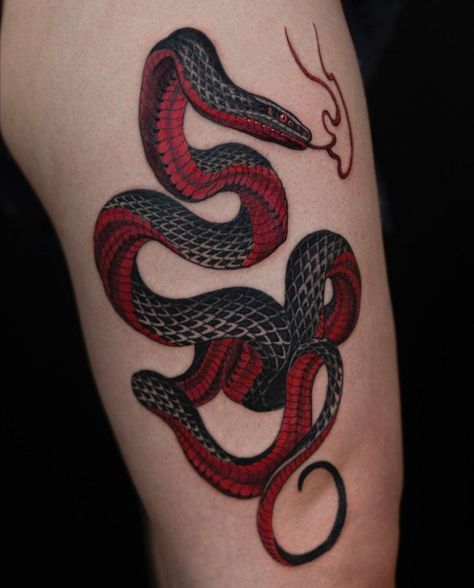 Koch Tattoo, Black Snake Tattoo, Snake Tattoo Meaning, Tattoo Snake, Snake Tattoo Design, Red Snake, Ornamental Tattoo, Tattoos For Black Skin, Red Ink Tattoos