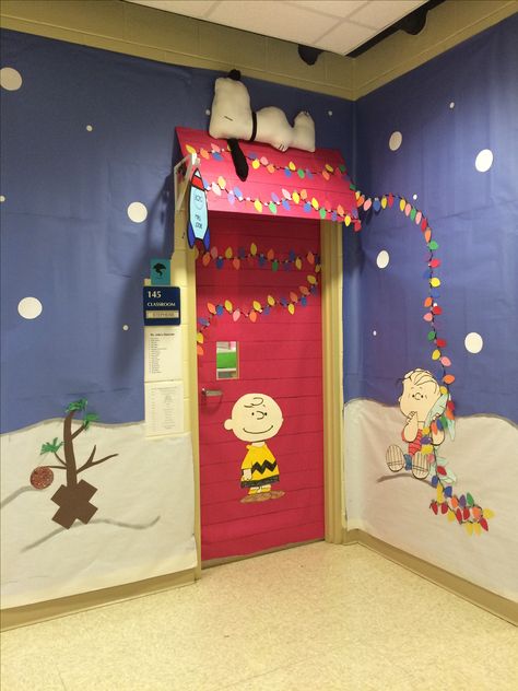 Snoopy Classroom Door Christmas, Charlie Brown Christmas Decorations For Office, Peanuts Door Decoration, Peanuts Christmas Classroom Door, Charlie Brown Christmas Classroom Decorations, Snoopy Christmas Door Decorating Contest, Charlie Brown Christmas Decorations Work, Charlie Brown Christmas Office Decor, Charlie Brown Classroom Door