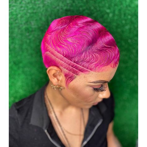 Aka diaryof_ahairstylist | Female Barber & Hairstylist DUO 💪🏾 Customs Clipper Cut & Color by @queen_of_kutz Then I slid through with the figure wave 🌊! Shout out to… | Instagram Purple Shaved Hair, Pink Pixie Cut Black Women, Female Wavers With Designs, Cut Hairstyles For Short Hair, Female Barber, Finger Waves Short Hair, Short Dyed Hair, Shaved Hair Women, Shaved Hairstyles