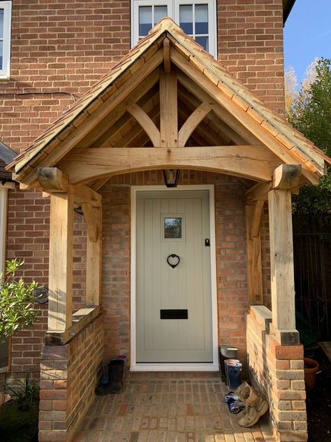 Accoya Front door Oak porch Petersfield Hampshire Front Doors Country Style, Houses Entrance Ideas, Front Door Ideas With Porch, Oak Framed Porch Entrance, Country Home Front Door, Front Door Country House, Country House Front Porch, Oak Front Porch, Country Cottage Front Doors