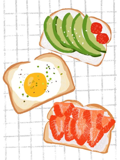 Avocado Illustration Cute, Avocado Toast Illustration, Simple Food Illustration, Healthy Food Illustration Art, Boba Illustrations, Cute Food Illustration, Toast Illustration, Avocado Drawing, Eggs Illustration