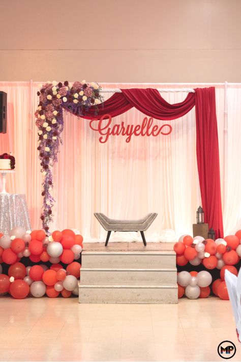 Here we show you how we decorate simple yet elegant stage backdrop for 18th Birthday. I hope you find this useful:) #diy #18thbirthday #debut #birthday #party #burgundy #backdrop Debut Theme Ideas 18th Simple At Home, Maroon Debut Theme, Debut Decorations Simple, Simple Debut Theme Ideas At Home, Debut Decorations 18th Diy Simple, Simple Backdrop Birthday, Debut Venue Design Simple, Simple Debut Decorations, Backdrop For Debut