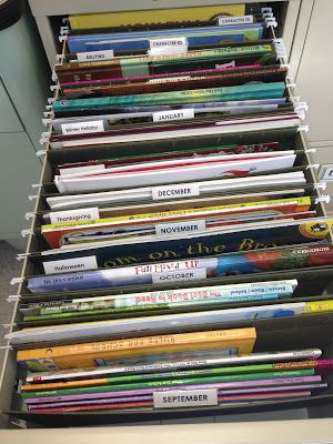 Fun and Fearless in First: Organize It: using a File Cabinet to organize read aloud books by month! Classroom Filing Cabinet, School Cabinet, Eoy Activities, Lesson Plan Binder, Filing Cabinet Organization, Slp Organization, Teacher Files, Teaching Organization, Library Organization