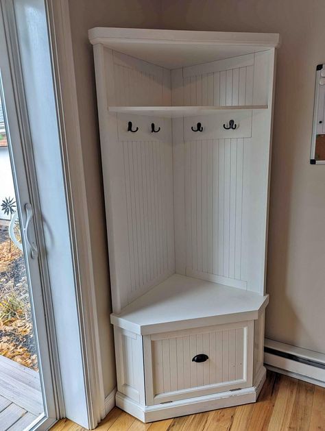 Corner Cabinet/Shoe and Coat Rack Corner Coat And Shoe Storage, Corner Hallway Storage, Corner Foyer Ideas Entrance, Corner Drop Zone Ideas, Corner Entryway Ideas, Corner Foyer, Shoe And Coat Rack, Corner Coat Rack, Corner Bench With Storage