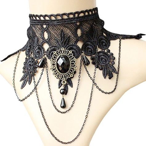 Steampunk Costume Essentials for Women Aniwon Punk Wedding Party Black Lace Choker Beads Chain Pendant Necklace Earring Bracelet for Women $7.99 AT vintagedancer.com Black Lace Necklace, Black Lace Choker Necklace, Gothic Choker Necklace, Lace Skull, Black Lace Choker, Lace Choker Necklace, Crystal Lace, Gothic Chokers, Choker Collar Necklace