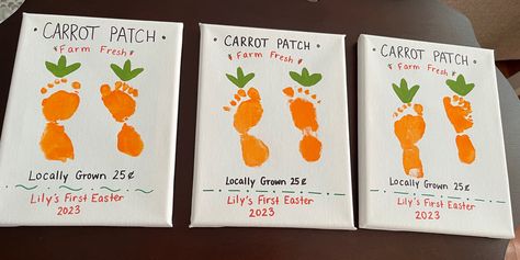 Footprint craft for baby’s first Easter! Carrot Patch Craft, Carrot Footprint Craft, Easter Footprint Crafts, Easter Footprint, Carrot Craft, March Art, Carrot Patch, Easter Canvas, Footprint Craft