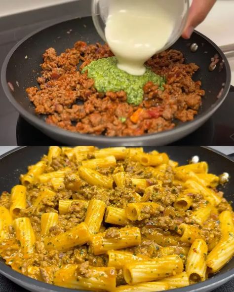 Delicious Pasta with Beef and Basil Pesto - Greenku Recipes Beef Pesto Recipes, Ground Beef And Pesto Pasta, Ground Beef And Pesto Recipe, Pesto Ground Beef, Ground Beef Pesto, Pesto Beef, Pasta With Beef, Pasta Restaurant, Ground Beef Pasta