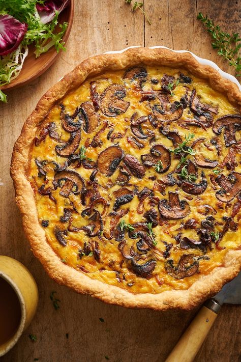 Bacon, Onion, and Mushroom Quiche - Baker by Nature Bacon And Mushroom Quiche, Mushroom Onion Quiche Recipes, Quiche Recipes With Mushrooms, French Onion Quiche, Quiche With Mushrooms, Bacon And Onion Quiche, Bacon Mushroom Quiche Recipes, Mushroom Gruyere Quiche, Mushroom And Onion Quiche