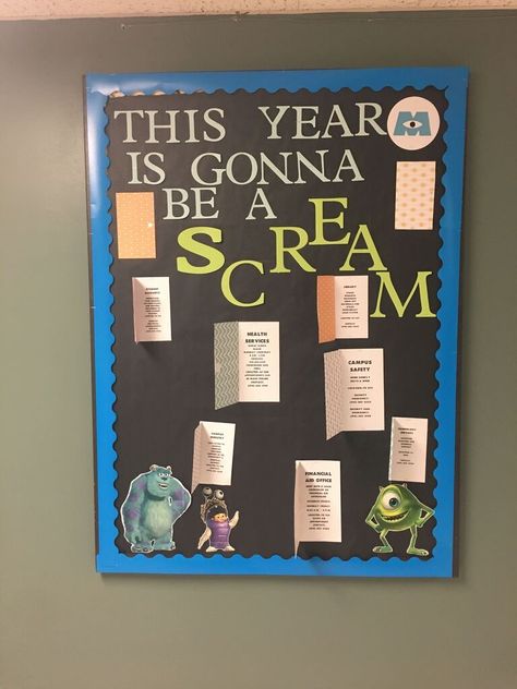 Monster Theme Bulletin Board Ideas, Monsters University Door Decs, Senior Hallway Ideas, Monsters Inc Ra Theme, Monsters University Ra Theme, Monsters Inc Bulletin Board Ideas, Monsters Inc Bulletin Board, Monsters Inc Classroom, Pixar Classroom