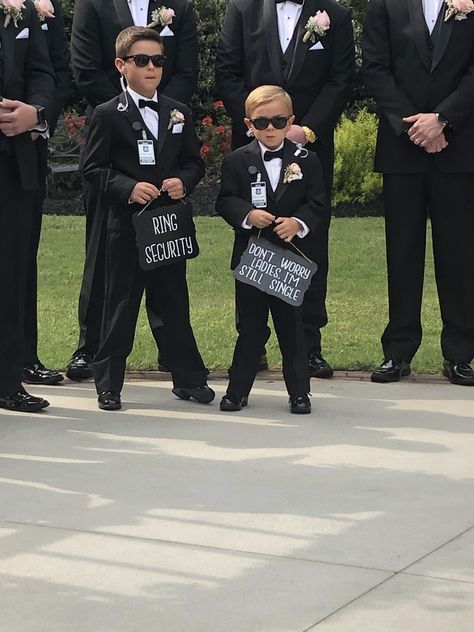 Brothers that are ring bearers/security guards Fbi Ring Bearer, Usher For Wedding, Ring Bearer Secret Service, Ring Bearer Outfit Security, Multiple Ring Bearers, Ring Bear Security, Security Ring Bearer Boys, Three Ring Bearers, Ring Security Proposal Ideas