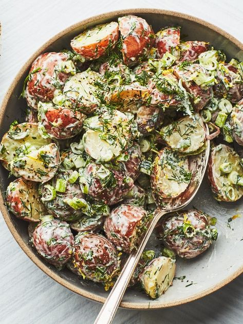 Creamy Potato Salad with Lemon and Fresh Herbs Recipe | Epicurious Fresh Herb Recipes, Best Potato Recipes, Barley Salad, Creamy Potato Salad, Salad With Lemon, Buttermilk Fried Chicken, Herb Recipes, Creamy Potato, Grilled Corn