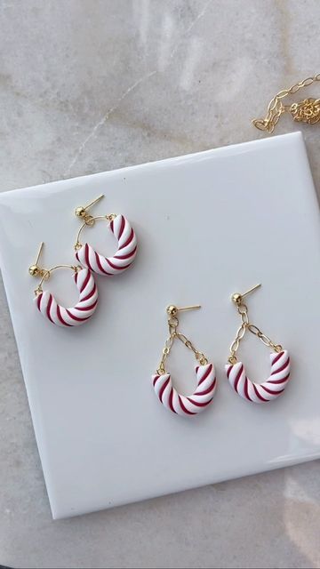 Polymer Clay Earrings on Instagram: "Candy cane earrings" Candy Clay Earrings, Clay Earring Christmas, Polymer Clay Christmas Earrings Tutorial, Pink Christmas Polymer Clay Earrings, Clay Earrings Holiday, Candy Cane Clay Earrings, Clay Winter Earrings, Clay Christmas Earrings Diy, Xmas Polymer Clay Earrings