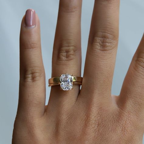 Elongated Cushion Engagement Ring Thick Band, Cushion Engagement Ring Gold, Thick Band Engagement Ring, Elongated Cushion Cut Engagement Ring, Art Deco Cushion, Different Engagement Rings, Round Brilliant Engagement Ring, Elongated Cushion Cut, Cathedral Setting