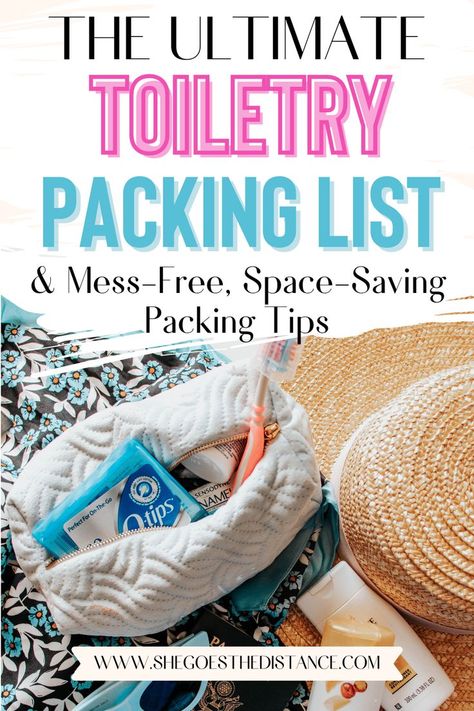 Travel Toiletries Checklist, Toiletry Travel List, Bathroom Packing List, Checked Bag Packing List, Toiletry Packing List Women, Travel Hacks Packing Toiletries, Ultimate Packing List Travel, What To Pack In Toiletry Bag, What Toiletries To Pack Travel