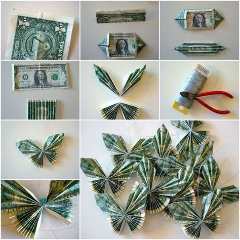 One dollar bills folded as butterflies. Excellent Christmas tree ornaments that can be given away Heart Dollar, Make Butterflies, Money Lei Diy, Graduation Leis Diy, How To Make Butterfly, Graduation Money Gifts, Money Rose, Folding Money, Diy Graduation Gifts