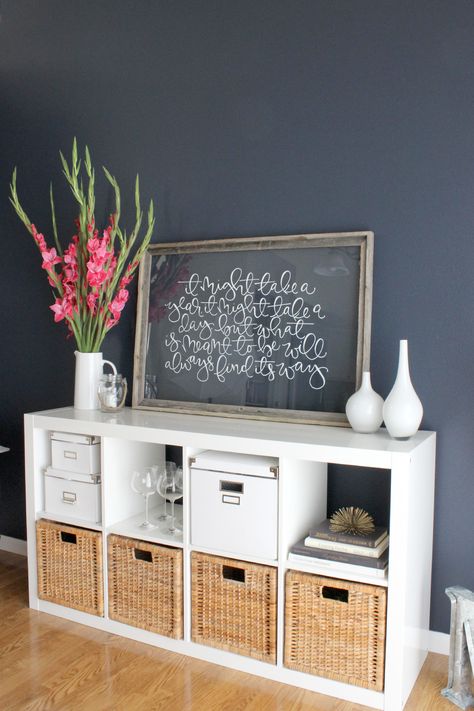 Cube Storage Wicker Baskets, Dining Room With Windows Decor, Dining Room Cube Storage, Cube Shelf As Dresser, Office Storage Dresser, White Cube Storage Decor, Flysta Shelf Unit Ideas, Living Room Cube Shelf Decor, Styling Cube Shelves