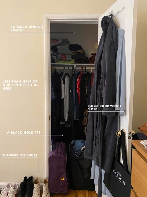 Two People, One Tiny Closet - A Small Space Storage Agony with 5 Problems & 5 Clever Solutions - Emily Henderson #home #beforeandafter #diy #style Tiny Clothes Closet Organization, Maximize Closet Storage, Small Closet Two People, Clothing Storage Tiny House, Clothing Storage Small Closet, Tiny Closet For Two People, Small Closet For Two People, Tiny Bedroom Closet Organization, Tiny Apartment Clothing Storage