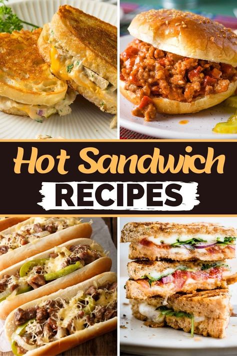 These hot sandwich recipes make a hearty and filling meal! From grilled cheese to panini to sloppy Joes, everyone will love these delicious sandwiches. Awesome Sandwich Recipes, Hot Sandwiches Ideas, Hot Lunch Sandwich Ideas, Dinner Sandwich Recipes Families, Best Dinner Sandwiches, Gourmet Sandwiches For Dinner, Easy Dinner Sandwich Ideas, Sandwiches On Buns, Hot Lunch Sandwiches