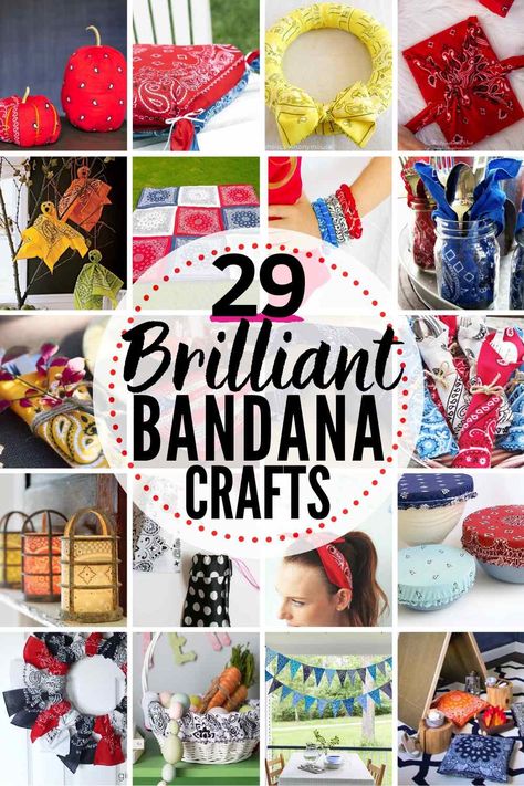 29 BRILLIANT Bandana Crafts & Decorating Projects! #bandana #bandanna #bandanacrafts #bandanaideas #bandanadecorations #bandanadecor #bandanapillow #bandanaheadband #bandanawreath #bandananapkin #bandanaquilt #dollartreebandana #dollarstorebandana Crafts With Bandanas No Sew, Bandana Banner Diy, Bandana Ideas, Bandana Wreath, Upcycled Sewing, Bandana Quilt, Bandana Crafts, Bandanas Diy, Doilies Crafts