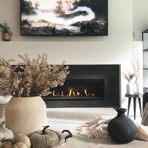 Cozy Electric Fireplace, Fireplace Updates, Dramatic Fireplace, Shiplap Living Room, Farmhouse Fireplace Ideas, Modern Fireplace Mantels, Black Electric Fireplace, Brick Fireplace Wall, Shelving Units Living Room