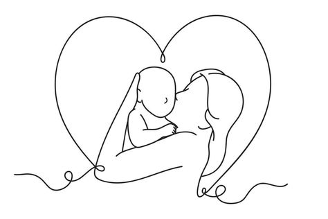 Continuous one line drawing of mother and baby in heart shape. Line art style of vector illustration, Mothers Day Celebration. Mothers Day Vector, Doodle Practice, Line Art Style, Mothers Heart, One Line Drawing, New Mothers, Mother And Baby, Mother And Child, Mothers Love