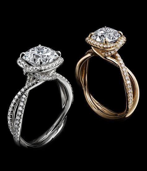 DY Lanai engagement rings, in platinum or 18K yellow gold with diamond center stones and pavé diamond bands, standing upright on a black background. Crossover Band Engagement Ring, Engagement Rings David Yurman, Soliter Ring Design, Solitaire Engagement Ring With Band, David Yurman Engagement Ring, Solitaire Diamond Rings, Engagement Diamond Rings, Engagement Rings Solitaire, Crossover Engagement Ring